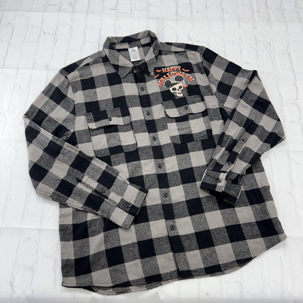 Disney Parks Halloween Mickey 2021 Black Gray Flannel Plaid Shirt Top Size XL
